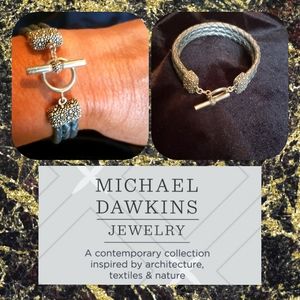 Michael Dawkins sterling silver & leather bracelet WITH ORIGINAL BOXY .